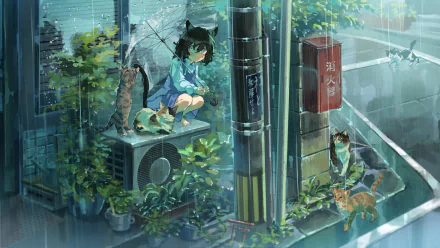 Anime-style girl with cat ears and three cats sits on an air conditioner in a rainy urban setting, rendered in 4K Ultra HD as a vibrant PC desktop wallpaper.