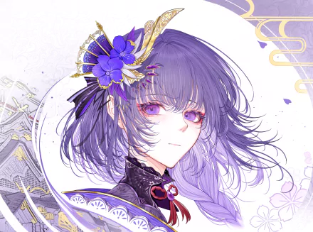 HD PC desktop wallpaper featuring Baal Raiden Shogun from the video game Genshin Impact, showcasing her detailed purple-themed design and striking violet eyes.