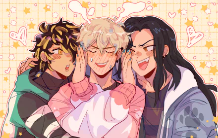 Anime-style 4K Ultra HD desktop wallpaper featuring Chifuyu Matsuno, Kazutora Hanemiya, and Keisuke Baji from Tokyo Revengers smiling and posing against a heart-patterned background.