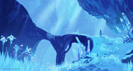 Albedo (Genshin Impact) stands on a crystalline arch in a glowing blue ice cavern, 2K Quad HD PC desktop wallpaper/background.