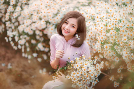 HD PC desktop wallpaper of a smiling young woman in a chamomile field, holding a bouquet of white chamomile blooms against a soft, sunlit background.