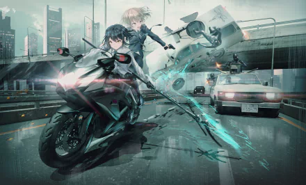 Anime girl riding a sleek bike at high speed through a futuristic city street, depicted in an HD PC desktop wallpaper with dynamic driving action and vibrant details.