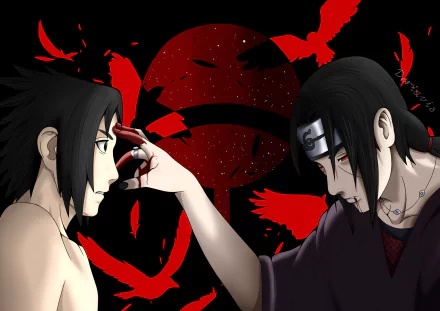 HD PC desktop wallpaper of Naruto anime showing Uchiha brothers — Sasuke Uchiha and Itachi Uchiha facing each other as Itachi touches Sasuke's forehead, red Sharingan and crows behind them.