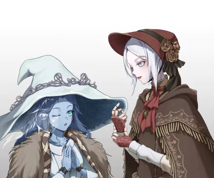 HD PC desktop wallpaper featuring Plain Doll from Bloodborne and Ranni the Witch from Elden Ring in a detailed crossover artwork.