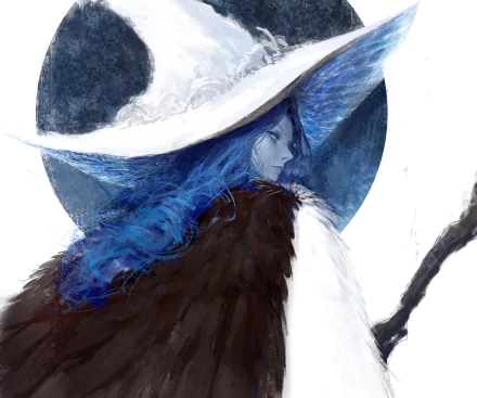 HD PC desktop wallpaper featuring Ranni the Witch from the video game Elden Ring, showcasing her blue hair, wide-brimmed hat, and dark fur cloak.