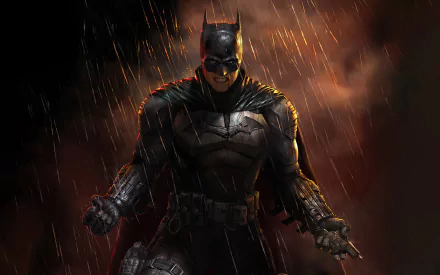 HD desktop wallpaper featuring Batman from the movie The Batman, standing in the rain with a dark, intense background.