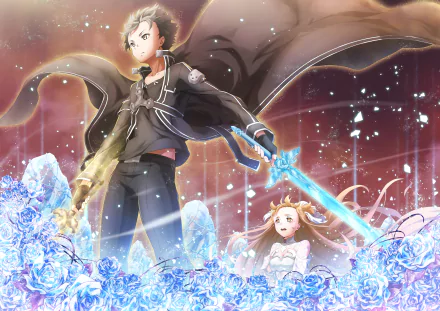 Asuna Yuuki and Kirito from Sword Art Online stand amid glowing crystals, depicted in vibrant 4K Ultra HD anime artwork for PC desktop wallpaper.