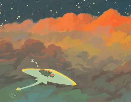HD PC desktop wallpaper and background from the video game Sky: Children of the Light — a sleeping figure on a glowing glider drifting above orange-tinted clouds under a starry sky.