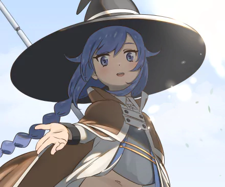 Roxy Migurdia from Mushoku Tensei: Jobless Reincarnation — blue-haired mage in a wide black hat and braid, reaching toward the viewer against a bright sky. 2K Quad HD PC wallpaper.