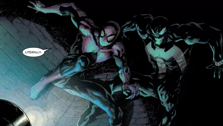 HD PC desktop wallpaper: comic-style Venom and Spider-Man crouch in a dark sewer tunnel, muscles tensed, dramatic greenish lighting and webbing.