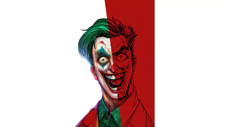 4K Ultra HD PC desktop wallpaper featuring a striking comic-style Joker portrait split between vibrant color and red sketch.
