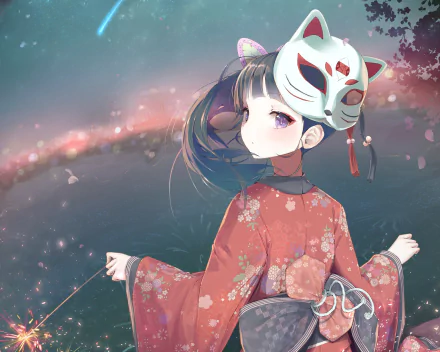 Kanao Tsuyuri from Demon Slayer: Kimetsu no Yaiba — anime HD PC desktop wallpaper/background: Kanao in a floral kimono wearing a fox mask beneath falling cherry blossoms.