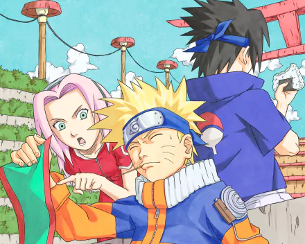 HD anime desktop wallpaper of Naruto Uzumaki center, Sakura Haruno adjusting a cloak at his side, Sasuke Uchiha turned away — Naruto & Sasuke.