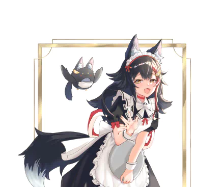 HD PC desktop wallpaper of hololive Virtual YouTuber Ookami Mio: anime-style maid outfit, playful wink and wave, wolf ears and tail, with a floating bat companion against a white framed background.