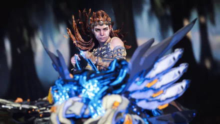 Aloy from Horizon Forbidden West in detailed armor, ready for battle, captured in a 4K Ultra HD video game wallpaper for PC desktop.