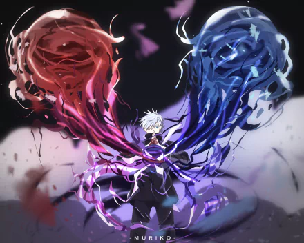 HD PC desktop wallpaper featuring Satoru Gojo from Jujutsu Kaisen, showcasing his dynamic red and blue cursed energy in an intense anime style.