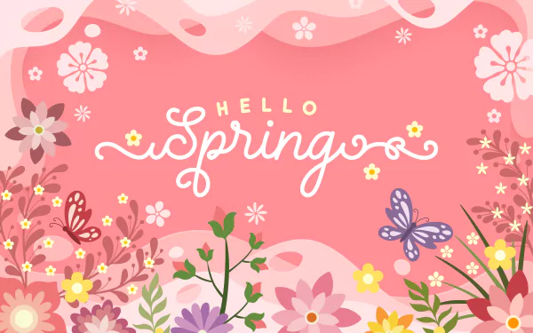 Artistic spring 2K Quad HD PC desktop wallpaper and background: pink floral border with blossoms, green sprigs and a butterfly framing cursive Hello Spring on a soft pink field.