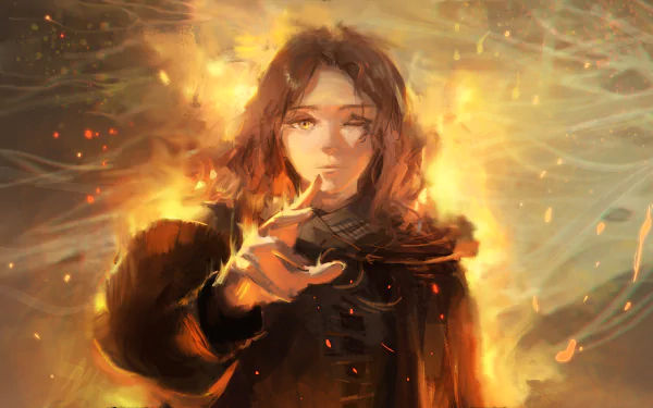 HD PC wallpaper featuring Melina from the video game Elden Ring, surrounded by glowing, fiery effects that highlight her intense and mystical presence.