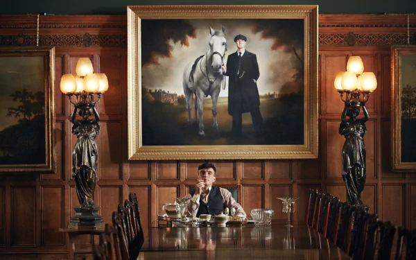 HD desktop wallpaper featuring Cillian Murphy as Thomas Shelby from the TV show Peaky Blinders, seated at a long wooden dining table beneath a large portrait.