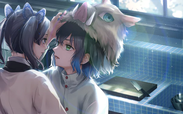 HD anime desktop wallpaper featuring Aoi Kanzaki and Inosuke Hashibira from Demon Slayer: Kimetsu no Yaiba in a bright, detailed indoor setting.