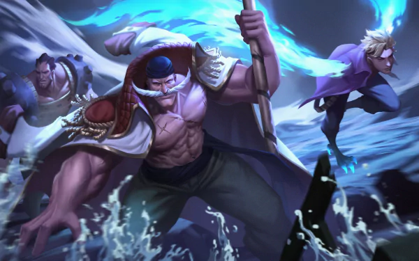 HD PC desktop wallpaper featuring Marco and Edward Newgate from the anime One Piece, showcasing dynamic action and vibrant blue flames in a dramatic scene.