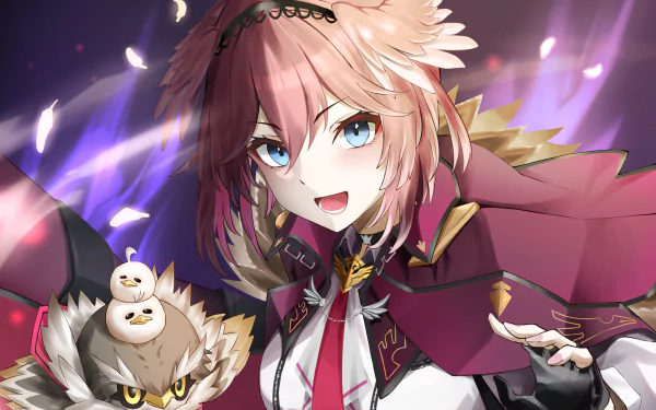 2K Quad HD PC wallpaper of hololive Virtual YouTuber Takane Lui — anime portrait with crimson cape, bright blue eyes and owl companion against a glowing purple background.