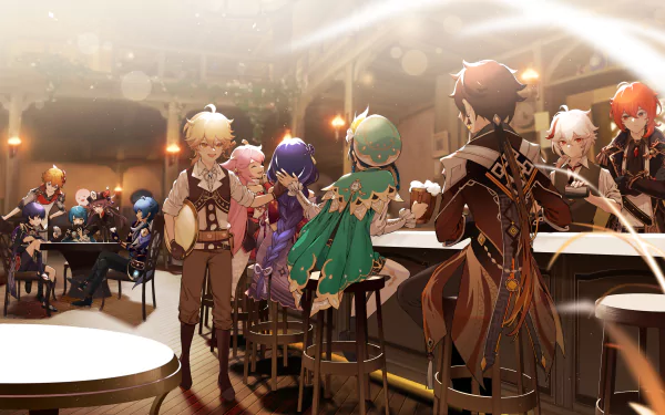 HD PC desktop wallpaper featuring Aether and other characters from the video game Genshin Impact gathered in a warmly lit tavern setting.