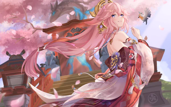 Yae Miko Guuji from Genshin Impact stands gracefully in a vibrant, cherry blossom-filled setting, rendered in stunning 4K Ultra HD for PC desktop wallpaper.