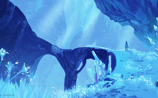 Albedo (Genshin Impact) stands on a crystalline arch in a glowing blue ice cavern, 2K Quad HD PC desktop wallpaper/background.