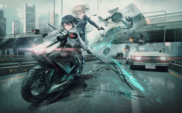 Anime girl riding a sleek bike at high speed through a futuristic city street, depicted in an HD PC desktop wallpaper with dynamic driving action and vibrant details.