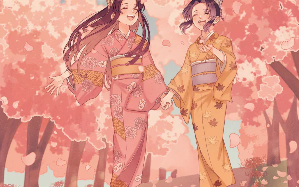 HD anime desktop wallpaper featuring Shinobu Kochou and Kanae Kocho from Demon Slayer: Kimetsu no Yaiba, dressed in traditional kimonos amid cherry blossoms.