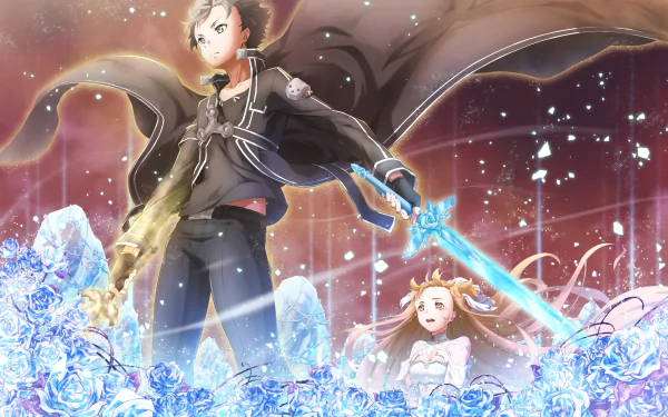 Asuna Yuuki and Kirito from Sword Art Online stand amid glowing crystals, depicted in vibrant 4K Ultra HD anime artwork for PC desktop wallpaper.
