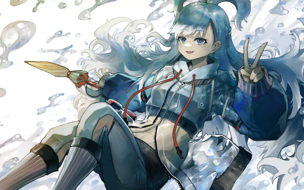 4K Ultra HD PC desktop wallpaper/background featuring hololive Virtual YouTuber Kobo Kanaeru — anime-style teal-haired girl in a school outfit flashing a peace sign amid water motifs.