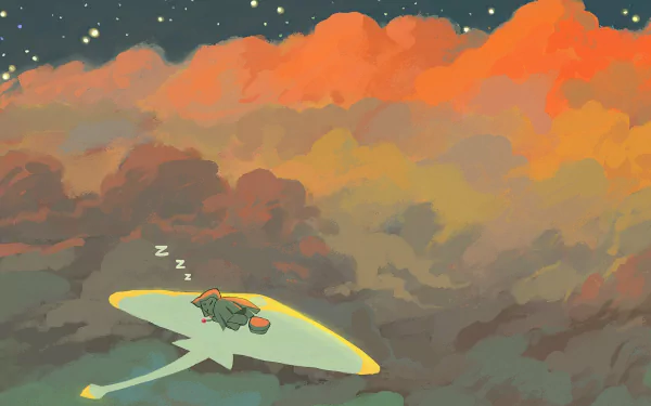 HD PC desktop wallpaper and background from the video game Sky: Children of the Light — a sleeping figure on a glowing glider drifting above orange-tinted clouds under a starry sky.