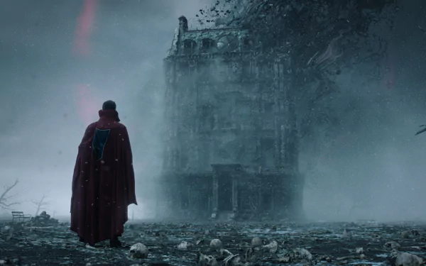 HD PC desktop wallpaper featuring Doctor Strange standing amidst rubble, facing a crumbling, mystical building, from the movie Doctor Strange in the Multiverse of Madness.