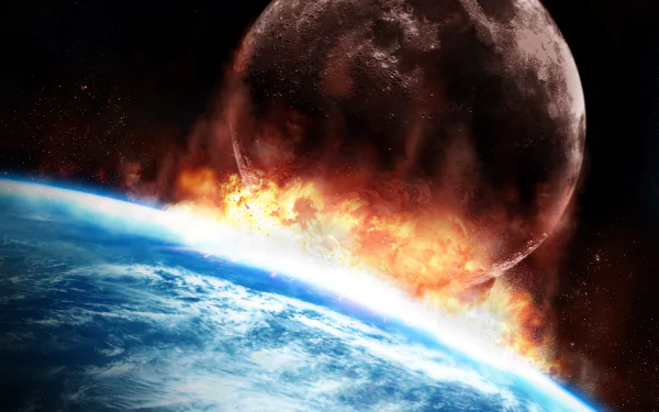 4K Ultra HD PC wallpaper depicting the Moon colliding with Earth, inspired by the movie Moonfall, showcasing fiery impact and dramatic space scene.