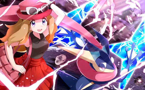 HD PC desktop wallpaper featuring Serena and Greninja from Pokémon X and Y, showcasing dynamic action with vibrant blue lightning effects.