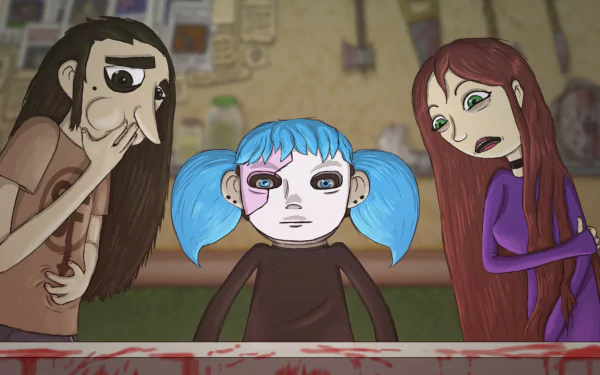 HD PC desktop wallpaper featuring characters from the video game Sally Face, showcasing the game's distinct dark, cartoon-style art.