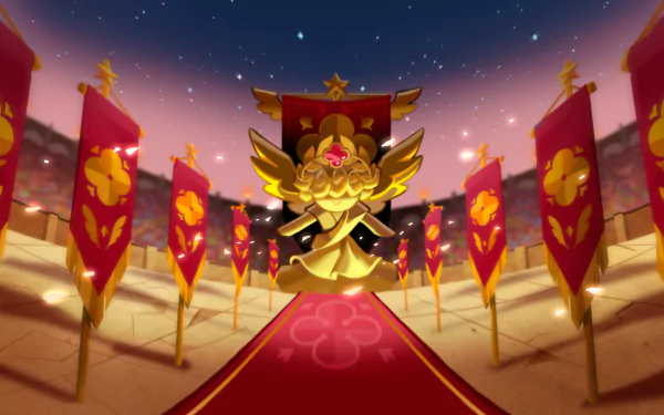 HD PC desktop wallpaper featuring a grand golden statue and red banners from the video game COOKIE RUN: KINGDOM in a vibrant, animated arena setting.