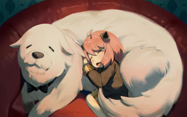 Anya Forger and Bond from Spy x Family cuddle together on a red couch in this HD anime desktop wallpaper.