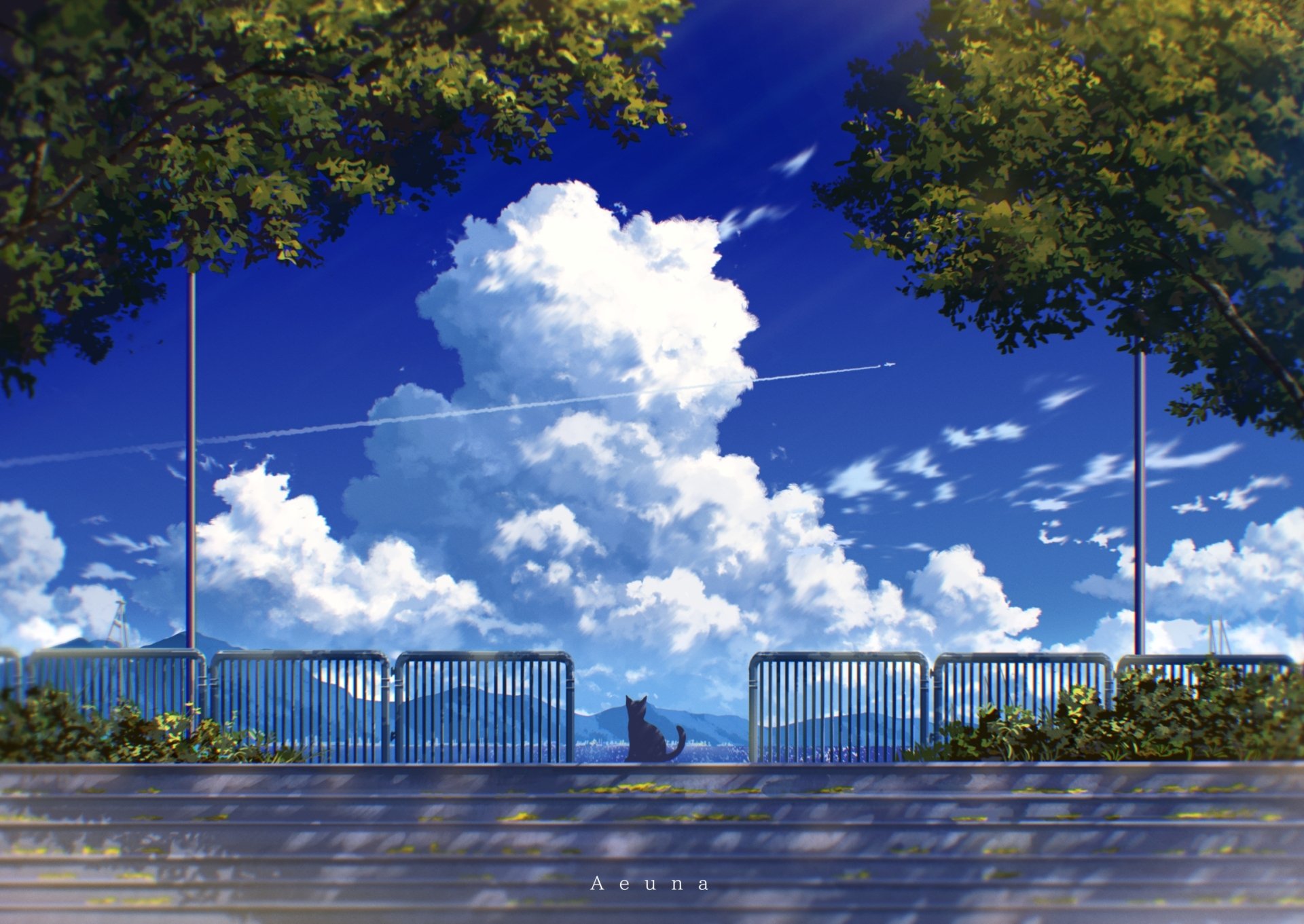 HD PC desktop wallpaper background: anime scene with an anime cat sitting on a railing beneath leafy trees, gazing at a vivid blue sky and towering white clouds.