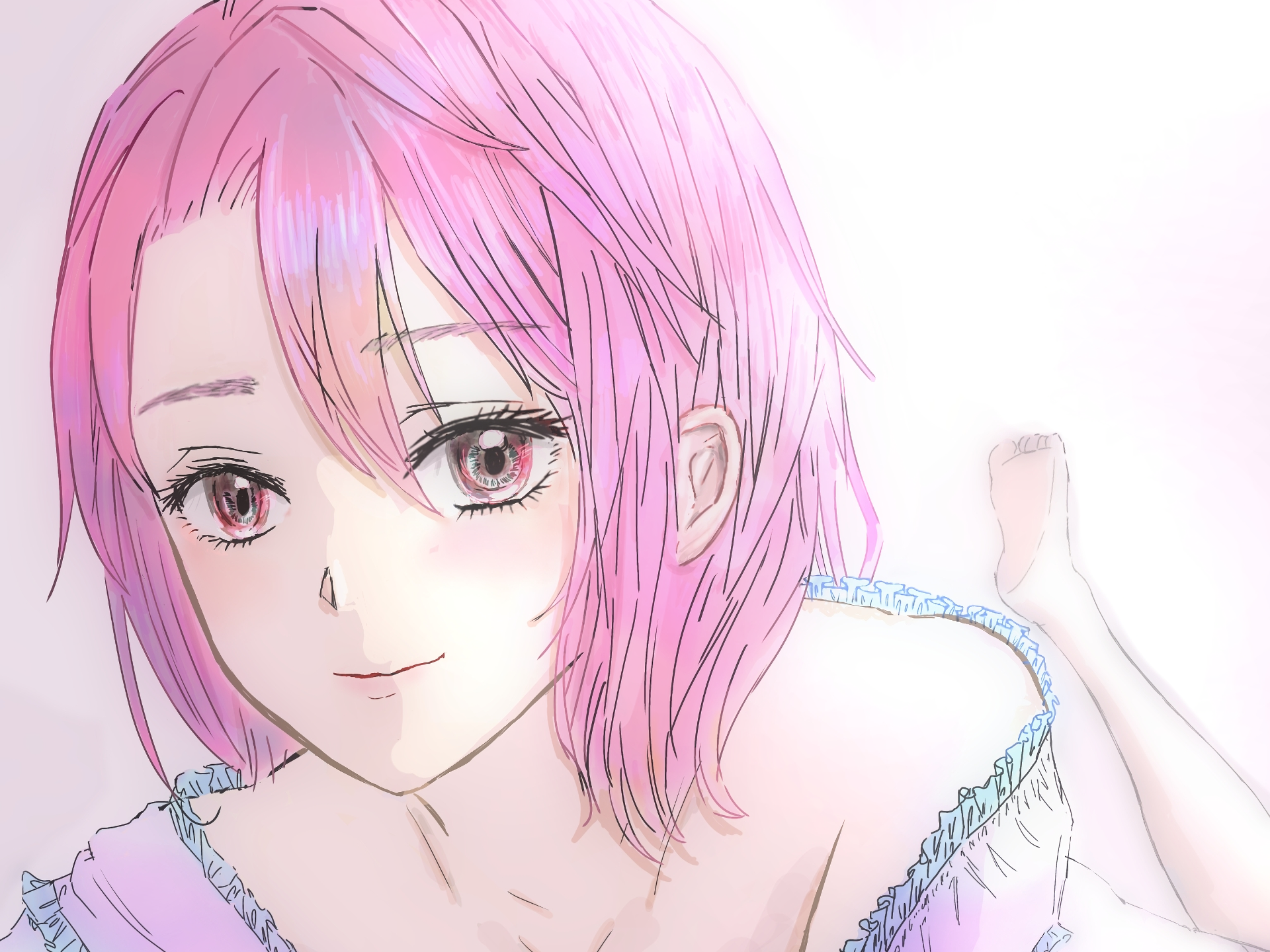 HD anime desktop wallpaper featuring a close-up of a pink-haired character from Dandadan with soft shading and a gentle expression.
