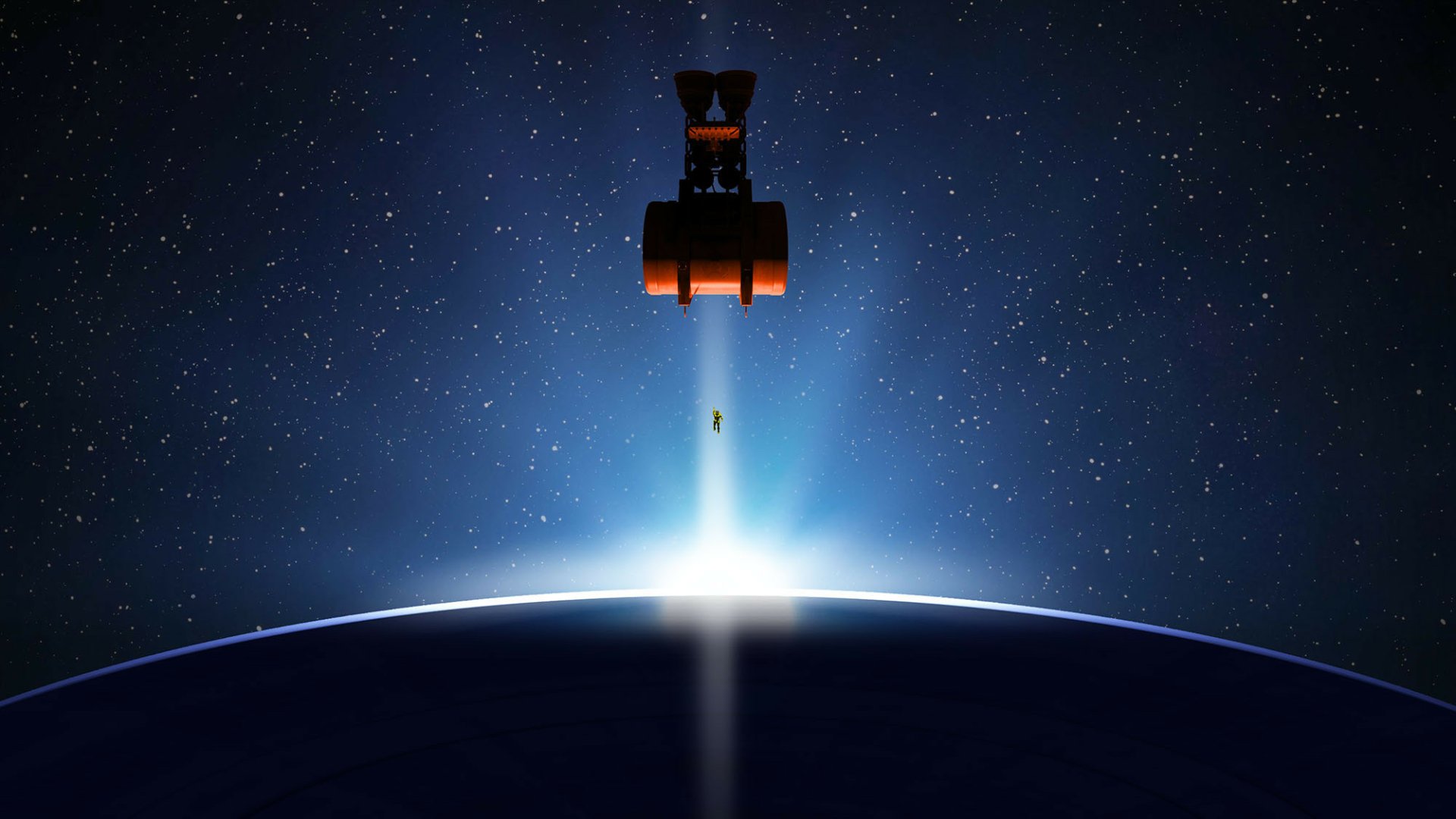 A stunning sci-fi scene featuring an astronaut against a backdrop of stars and a glowing horizon, creating a mesmerizing HD desktop wallpaper.