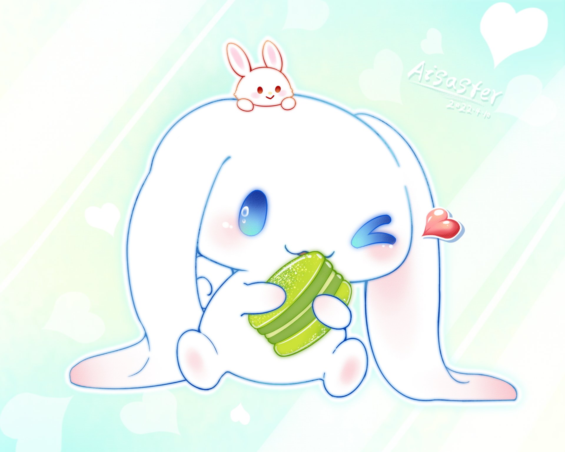 A cute Cinnamoroll character with long ears munches on a green treat, accompanied by a small bunny on top. This vibrant image serves as a delightful HD desktop wallpaper.