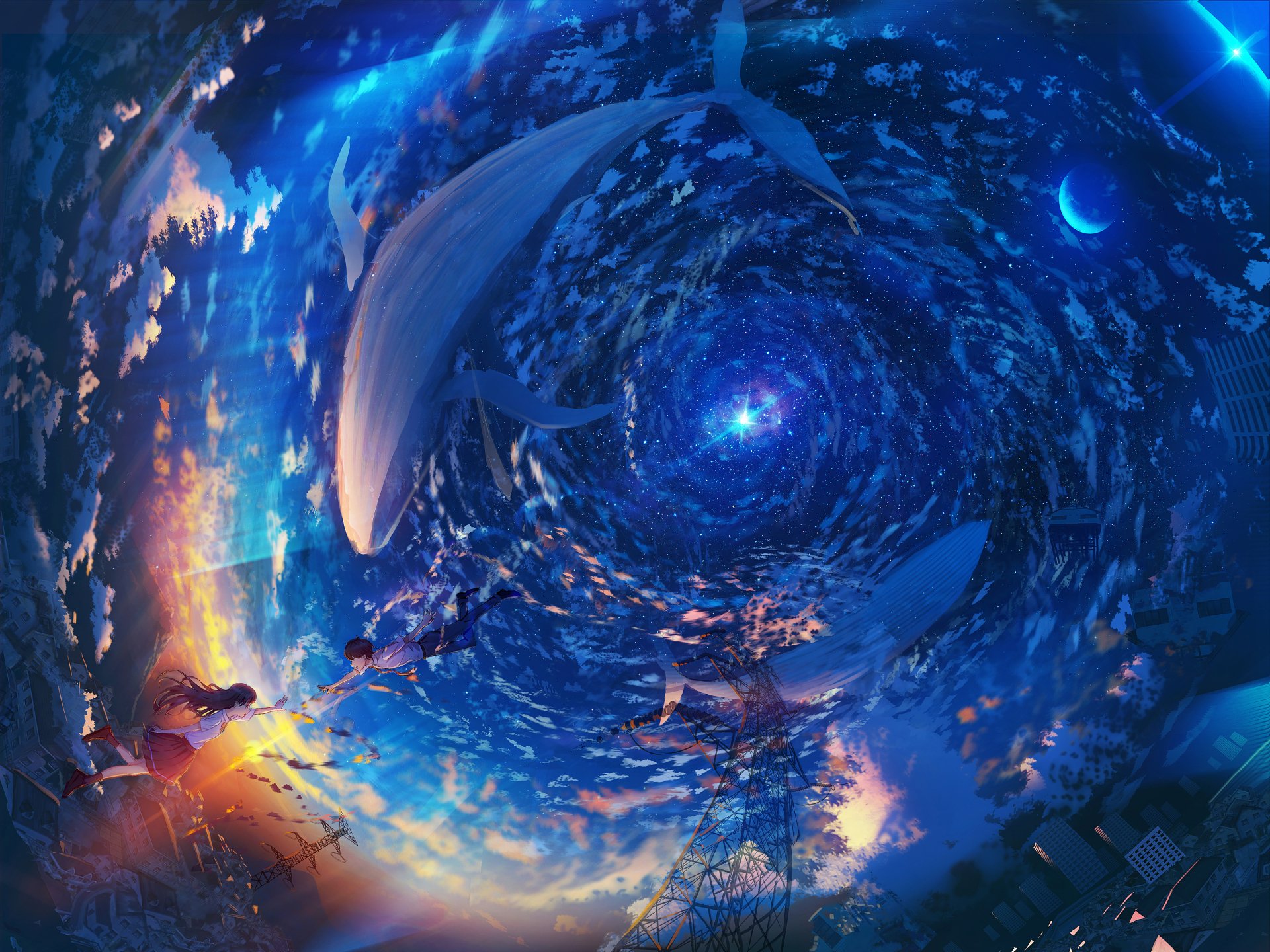 Anime-style 4K Ultra HD PC wallpaper featuring a surreal scene of whales swimming through a swirling sky under a crescent moon.