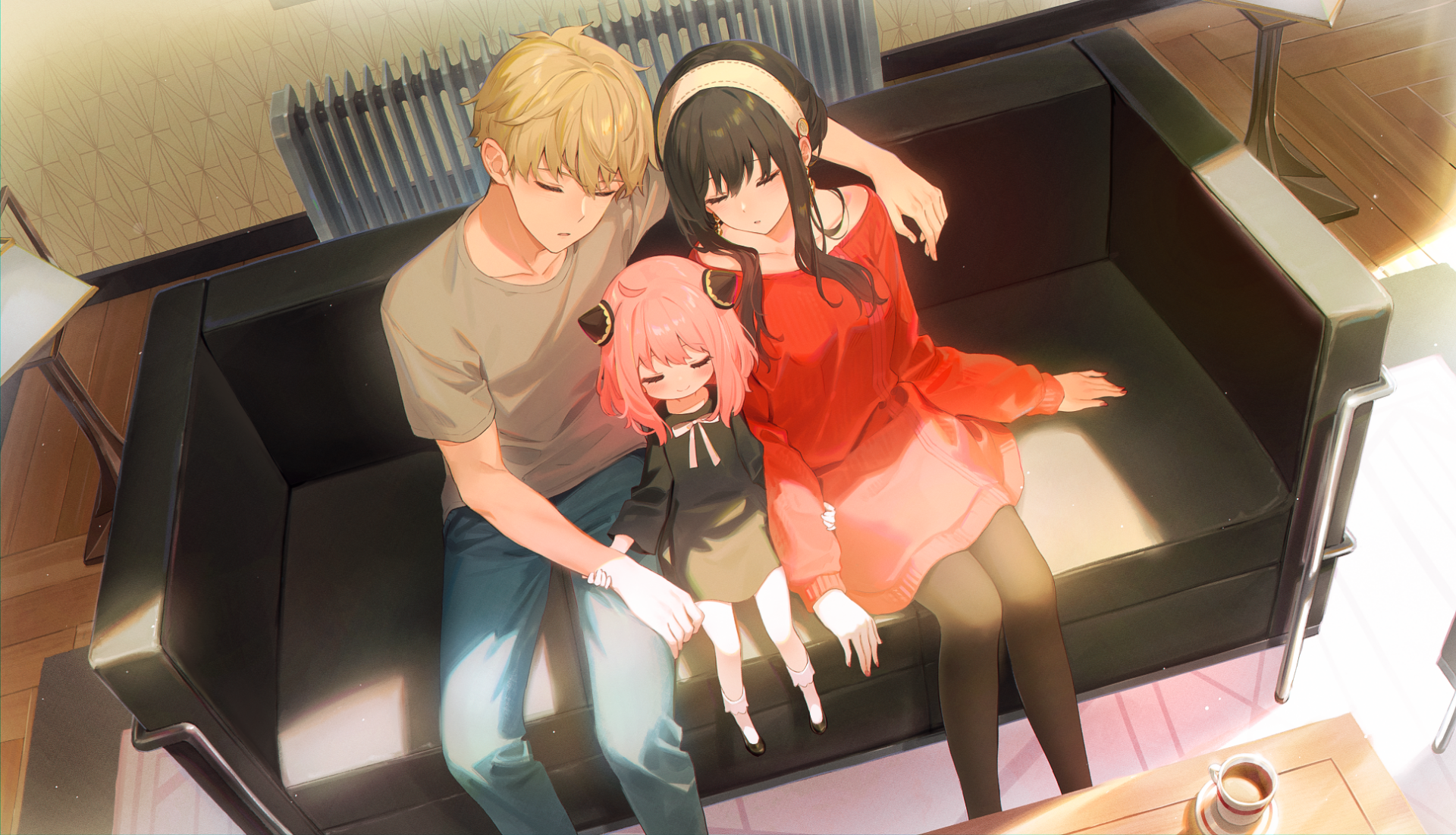 HD PC wallpaper of Yor, Loid, and Anya Forger from the anime Spy x Family, sitting closely together on a black couch in a warm, softly lit room.