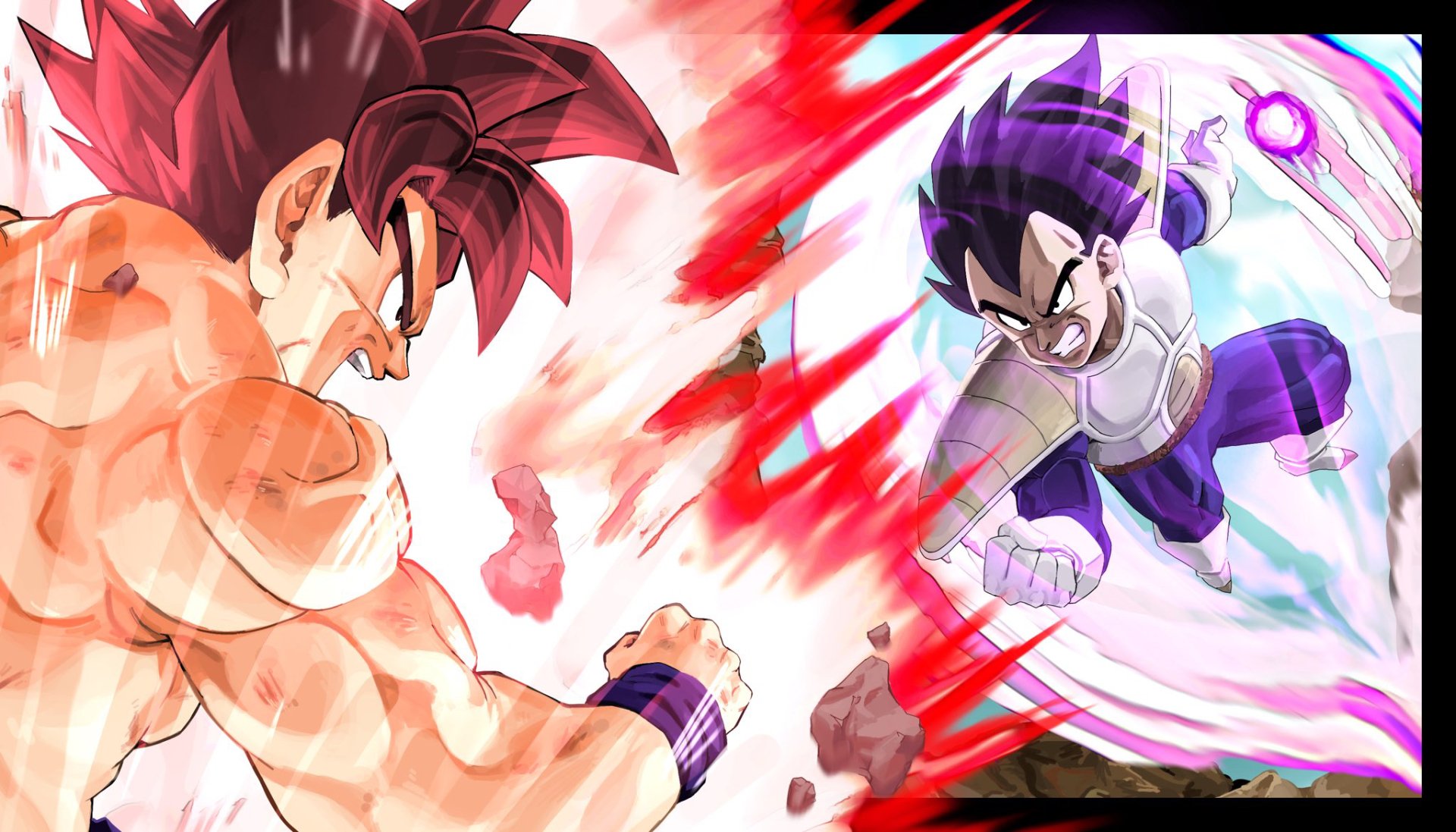 HD anime wallpaper featuring Goku in Kaioken form and Vegeta from Dragon Ball, captured in an intense battle scene with dynamic energy effects.