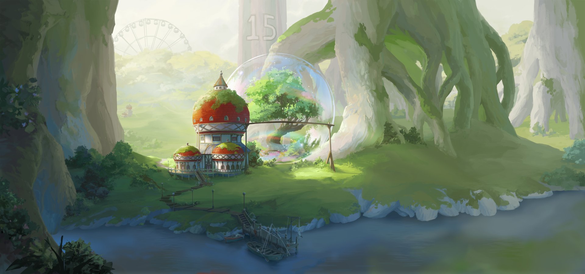 Anime-inspired One Piece scene featuring a serene forest village with vibrant greenery and towering trees, rendered in stunning 8K Ultra HD for PC desktop wallpaper.