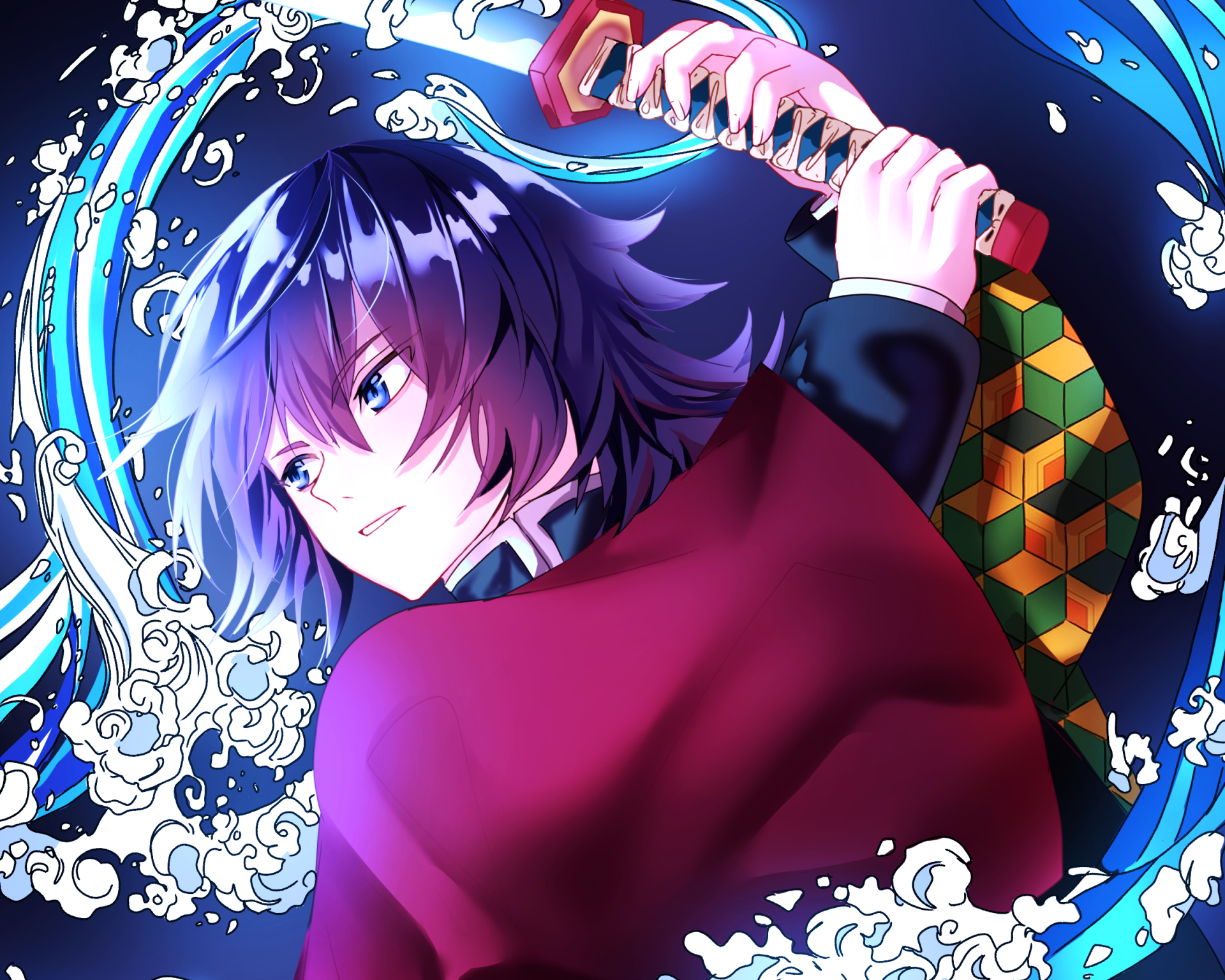 HD PC desktop wallpaper featuring Giyuu Tomioka from the anime Demon Slayer: Kimetsu no Yaiba, showcasing dynamic water effects and his focused expression.
