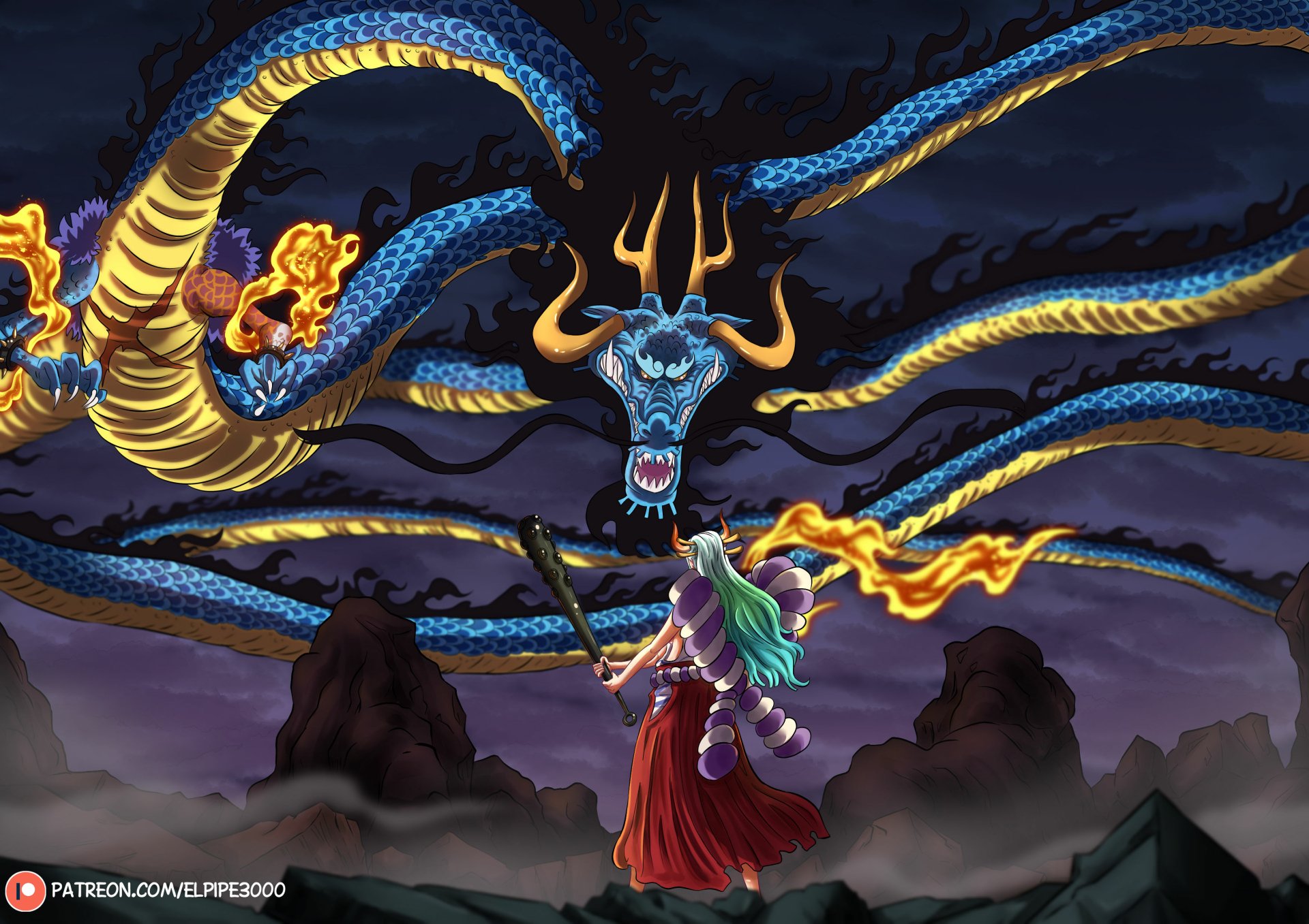 HD anime wallpaper featuring Kaido and Yamato from One Piece, with Yamato facing a fierce multi-headed blue dragon under a stormy sky.
